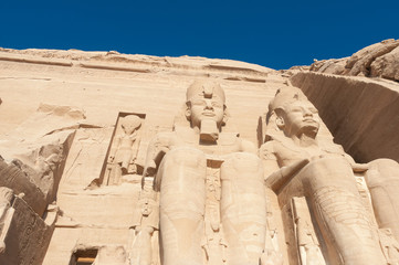 Sculptures of King Ramses II and queen Nefertari in Abu Simbel T