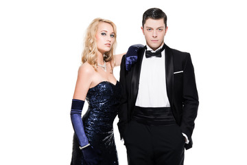 Romantic new year's eve fashion couple wearing black dinner jack