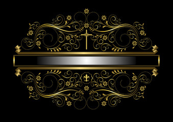 Gold frame in the framed delicate floral pattern with cross