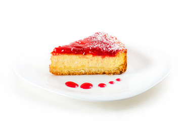 cake on a plate with drops of jam