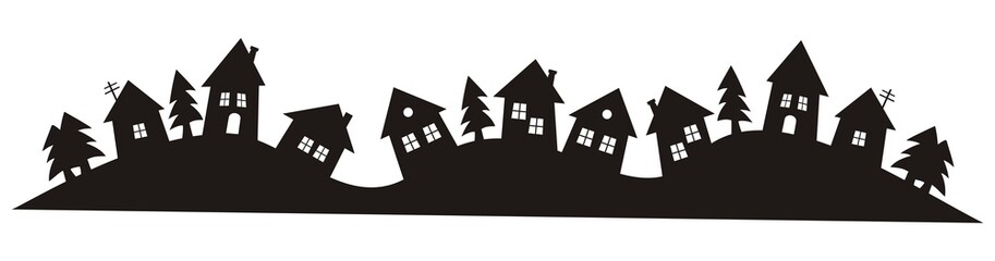 landscape, panorama, village,  houses and trees, black icon, decorative illustration, silhouette, vector