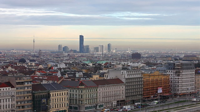 Sunset above Vienna with view to the Skyline of the Danube City