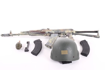 AKM (Avtomat Kalashnikova) Kalashnikov assault rifle on white