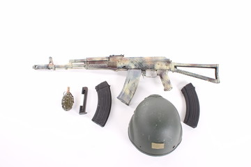 AKM (Avtomat Kalashnikova) Kalashnikov assault rifle on white