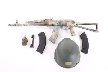 AKM (Avtomat Kalashnikova) Kalashnikov assault rifle on white