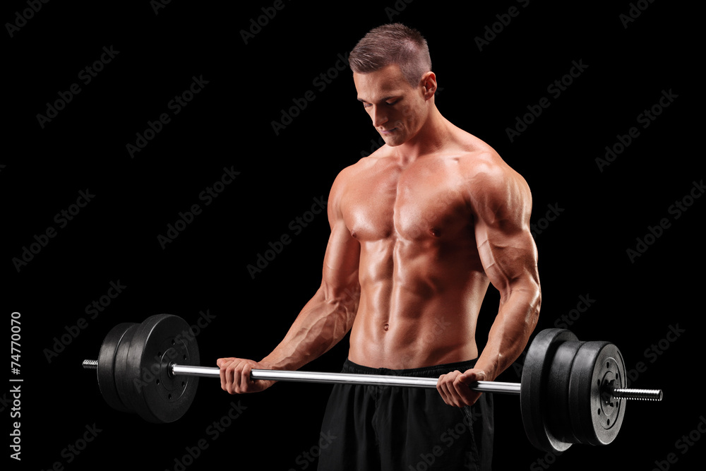 Poster shirtless athlete exercising with a barbell