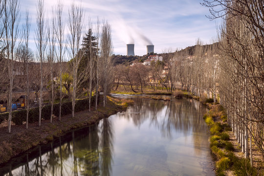 Nuclear power station and river. Trillo. Spain