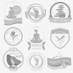 Set of vintage hairstyle, body care and cosmetology logos. Vecto