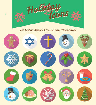 Winter Holiday Circular Long Shadow Icon Illustrations
