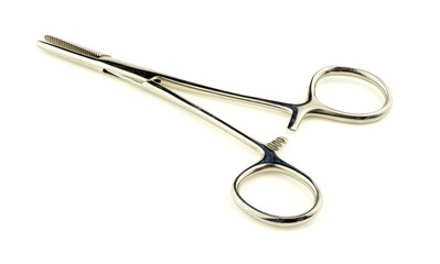 Macro closeup of stainless steel hemostat forceps isolated on wh