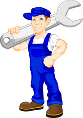 mechanic holding a huge wrench