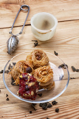 dessert and varieties of tea leaves