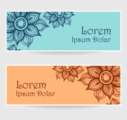 Banners with water color abstract flowers in blue orange brown