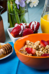Bowl with cereals with milk and fresh fruit