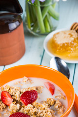 Morning with healthy breakfast and spring flowers