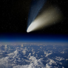 Comet impact. Comet Hale-Bopp above the Earth's surface.