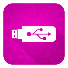 usb violet flat icon, christmas button, flash memory sign