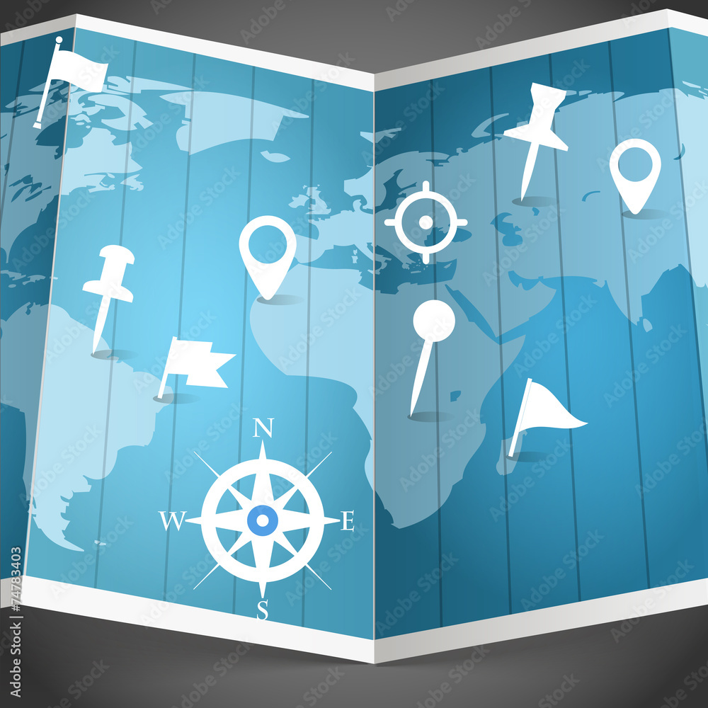 Poster world map with different pins. design elements
