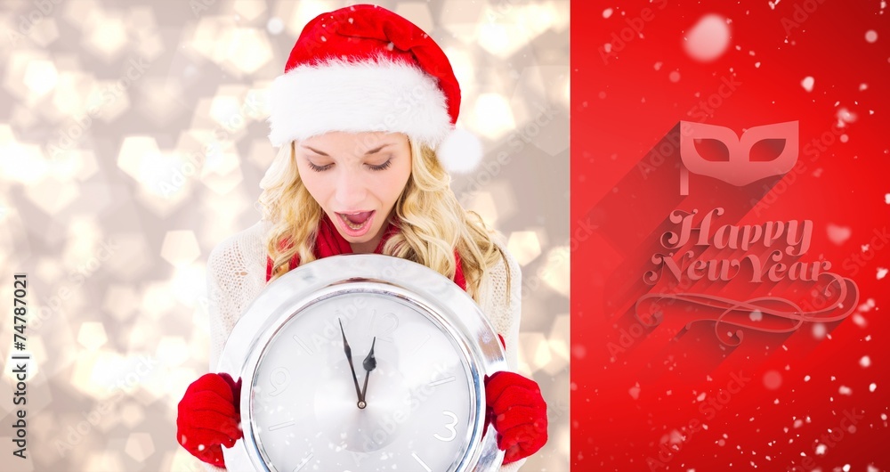 Poster composite image of happy festive blonde with clock