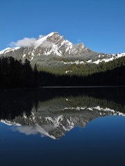 Mountain peak mirroring in lake Obersee