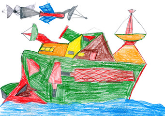 space radio communication ship. child drawing.