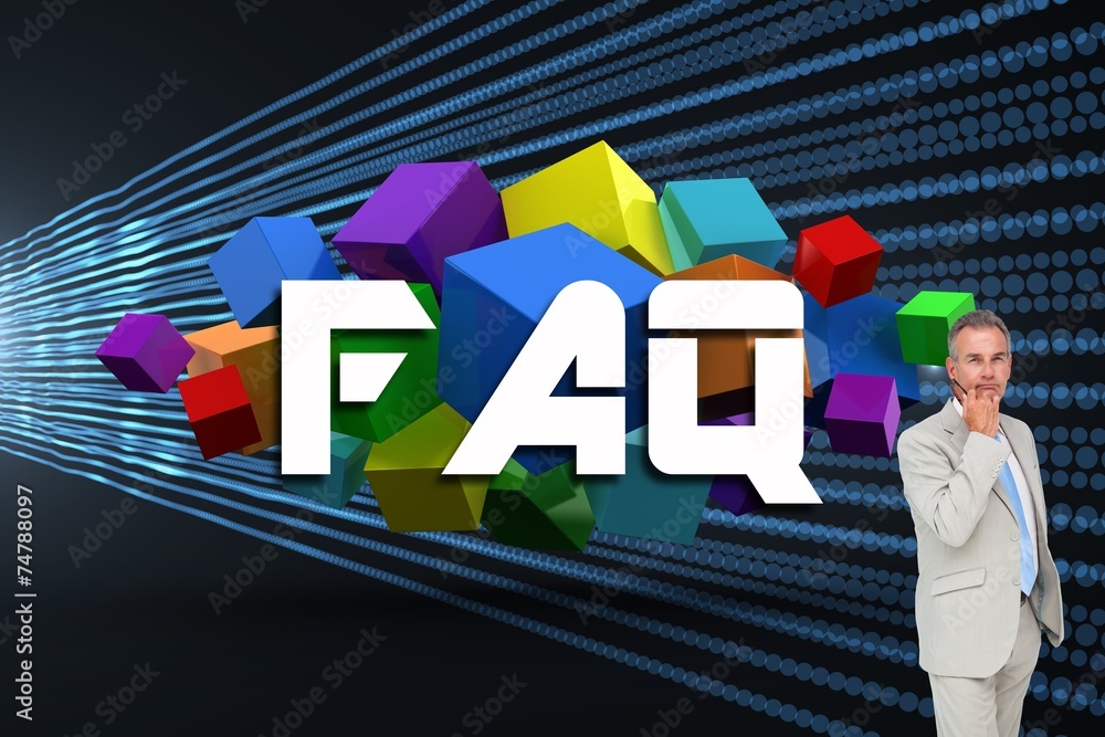Poster Faq against abstract shiny lines on black background