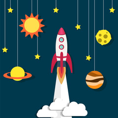Paper rocket and planet, sun. Retro background