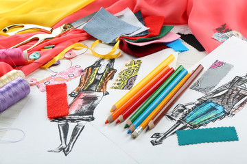 Workplace of designer clothing close-up