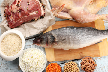 Food high in protein on table, close-up