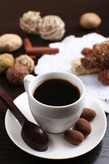 A Cup of coffee and a saucer with chocolates
