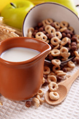 Various sweet cereals in ceramic bowl, fruits and jug with milk