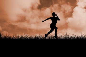 Composite image of fit brunette running and jumping