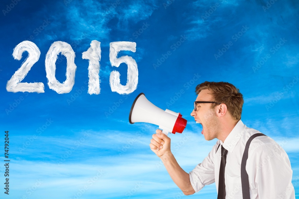 Poster Composite image of geeky businessman shouting through megaphone