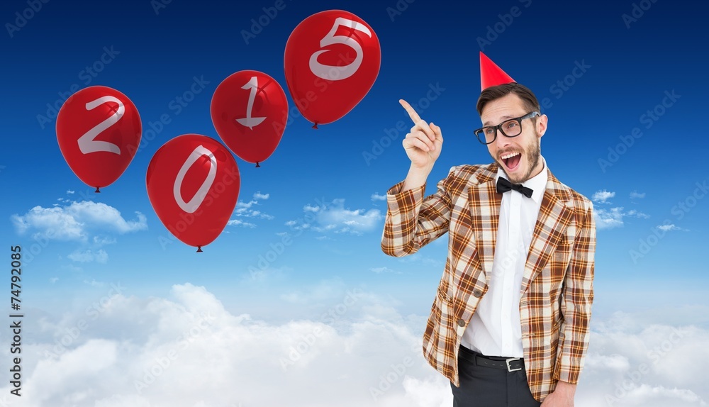 Aufkleber composite image of geeky hipster in party hat pointing