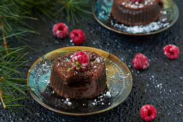 Chocolate fondant lava cake with raspberries