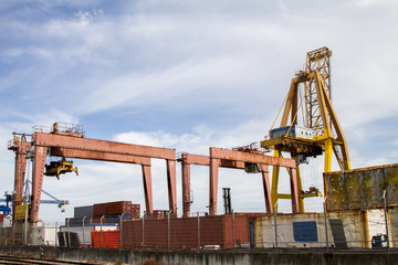 Fototapeta premium View of cargo container docks located in Lisbon, Portugal.
