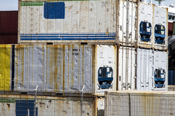 View of cargo container docks located in Lisbon, Portugal.