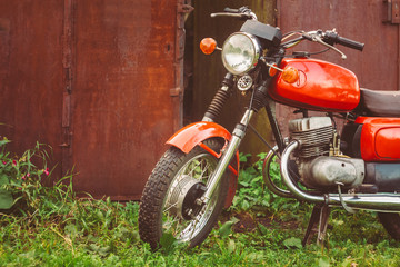 Vintage Red Motorcycle Generic Motorbike In Countryside