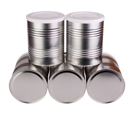 Five metal cans.