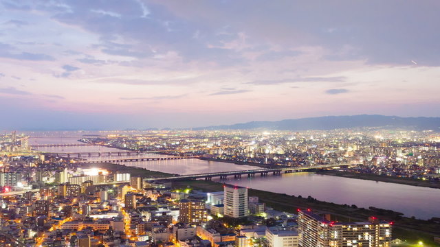 Timelapse video of Osaka in Japan at sunset, aerial view