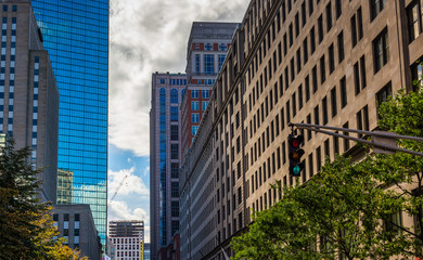 Buildings and traffic light on a street in Boston, Massachusetts