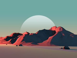 Low-Poly Mountain Landscape at Dusk with Moon