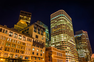 Fototapeta na wymiar Buildings in the Financial District at night, in Boston, Massach