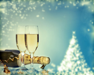 Holiday card with champagne and festive lights