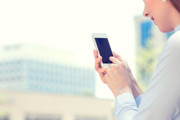 woman hands holding, using smart, mobile phone