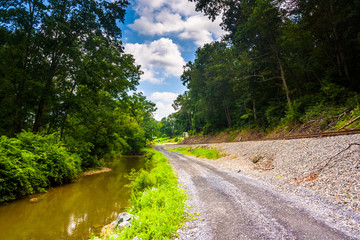 Creek and railroad track along a dirt road in Baltimore County,