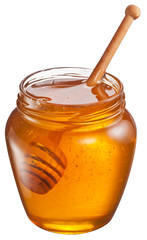 Glass can full of honey and wooden stick in it. Clipping paths.