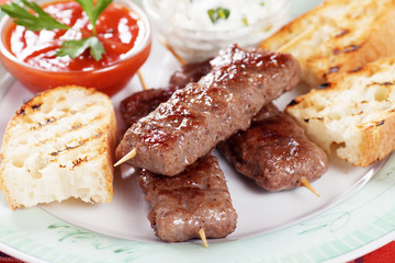 Kebab, meat skewer with tomato and cream sauce