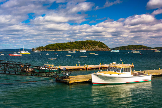 Docks and boats in the harbor at Bar Harbor, Maine.