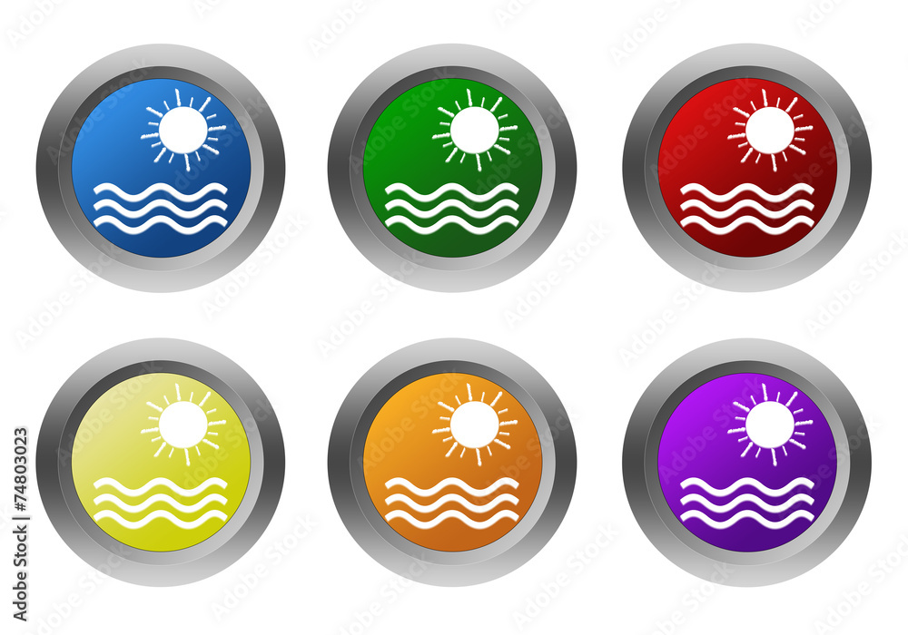 Poster set of rounded colorful buttons with beach symbol